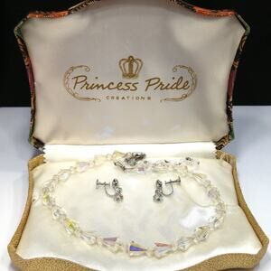 Vintage AB Crystal Beaded Necklace & Earrings, Original Box, 1950s